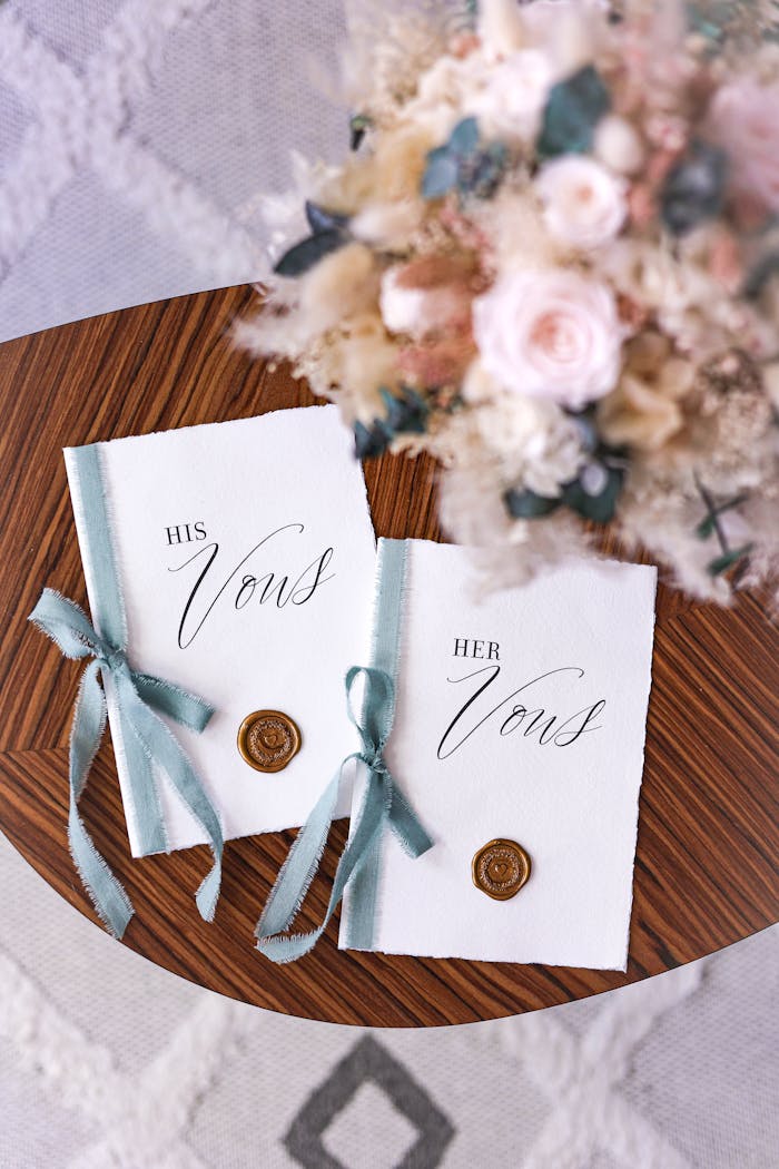 hero-img-01 Beautifully styled his and her vow books with a floral bouquet on a wooden table, perfect for weddings.